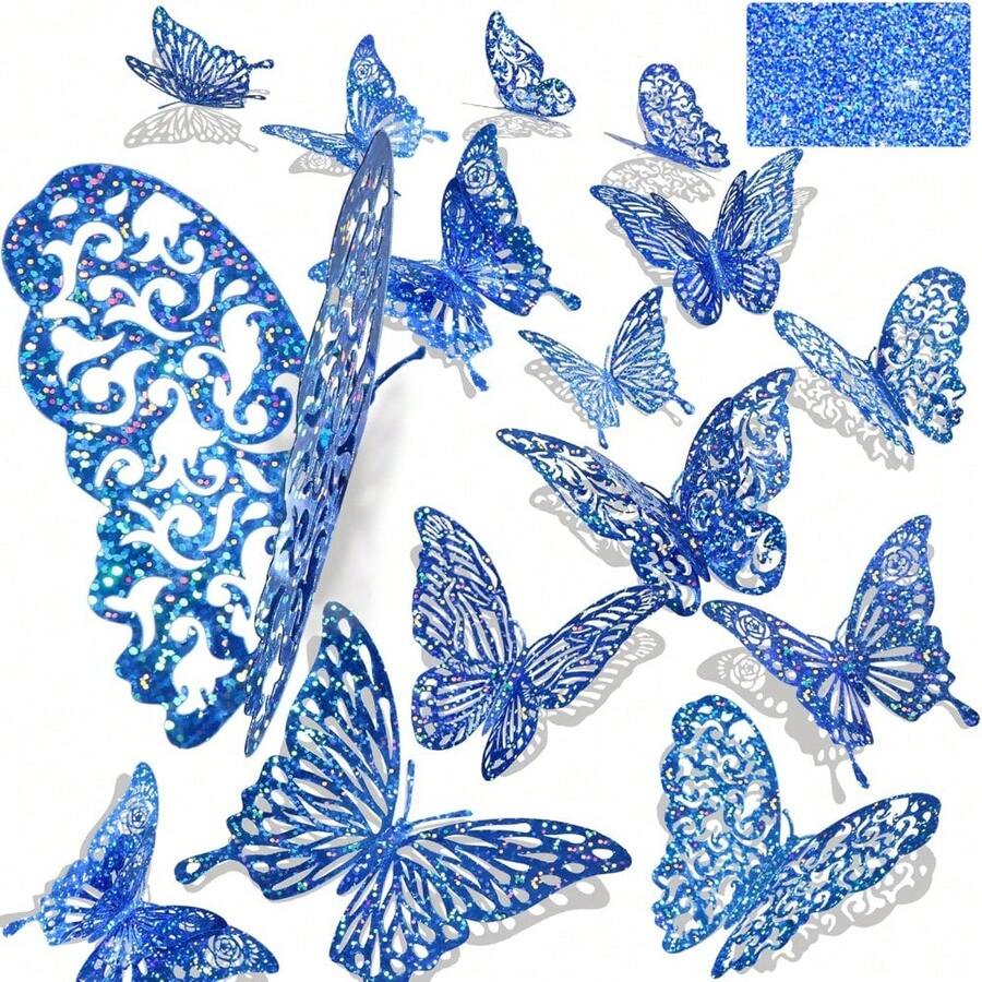 Local Delivery 60 Pcs 3D Sequined Purple Butterfly Wall Decor Stickers, 5 Styles 3 Sizes, Holographic Butterfly Decor For Kids Dorm Room & Wedding Decor - Sequined Blue - View 1