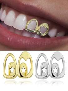 1 pieza Grillz con corazón hueco y empalme de doble perla, joyería para los dientes de estilo hip-hop apta para uso diario