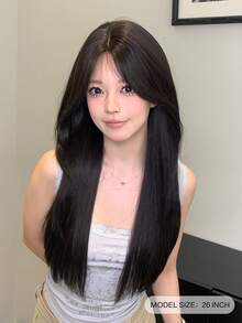 alicegarden 1 款带刘海的合成耐热假发，黑茶直发假发，26 英尺长，由纤维制成，适合日常使用，自然逼真的假发。 - 黑棕色 - 查看 2