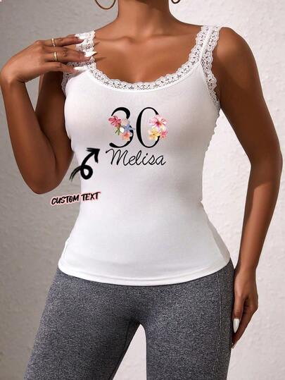 Customized Text Graphic Sleeveless T-Shirt With Lace Trim, Fitted Casual Tee In Stretchy Knit Fabric, Perfect Gift For Fitness Enthusiast Girlfriend