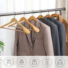 Lot de 6 Cintres, en Bois Massif avec Épaules très Larges, Antidérapants, pour Costumes, Chemises, Manteaux, Vestes, Pantalons, Crochets Pivotants 360°, Couleur Boisée - Couleur du bois - Voir 7
