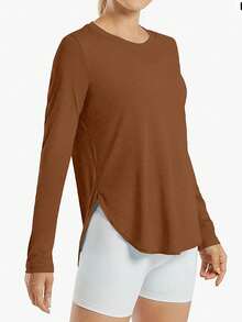 Camiseta deportiva de yoga para adelgazamiento navideña, con bajo con forma de arco para modificar, top para mujer, deportivo y casual - Marrón Chocolate - Ver 3