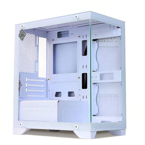 Boîtier PC Gaming en acier inoxydable micro-ATX/ITX avec panneau latéral en verre trempé, refroidissement à air sans ventilateur, ports USB 3.0 et 2.0, support pour SSD/HDD, audio HD noir/blanc en tour moyenne, boîtier high-tech au design fin avec gestion des câbles visible
