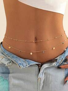 2 件夏季绿松石圆形腰链，多层金属比基尼腰链，女士珠宝，性感沙滩珍珠身体链 - 金黃色 - 查看 1