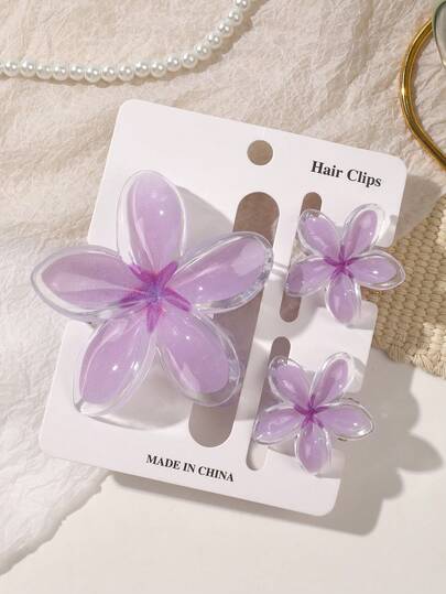 3 件/套 ABS 材质发夹套装，波西米亚风格透明紫色花朵果冻发夹，小号和大号发饰，适合海滩、刘海和休闲发型，适合春夏美发爪夹休闲发夹秋冬度假装女士