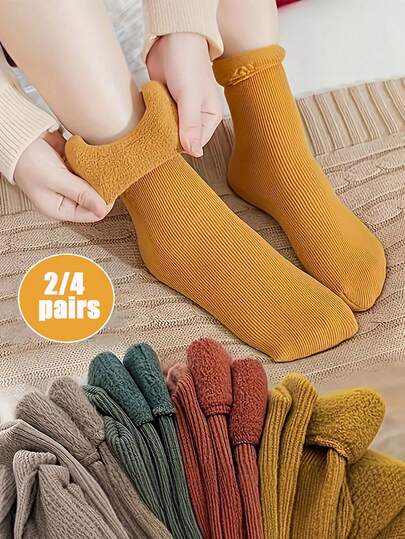 2/4 双（随机混合）柔软温暖的雪袜，带羊毛衬里，舒适休闲室内袜，适合日常和家居穿着，适合冬季