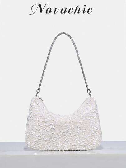 1pc Novachic Sequin Embellished Vacation Style Shiny Sequins Wrist Decor, Women Zipper Crossbody Bag, Suitable For Vacation, Party Use