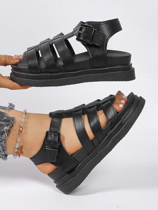 Sandali con zeppa e plateau di colore unito, sandali estivi casual con fibbia, sandali comodi con punta aperta, sandali piatti da donna di stile romano, sandali con lacci incrociati e punta aperta di colore unito antiscivolo, sandali piatti da donna, nuovi sandali neri stile romano con suola spessa, sandali di moda versatili e antiscivolo adatti per estate e spiaggia