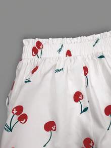 2pcs/Set Women Cherry Printed Bat-Wing Short Sleeve T-Shirt And Shorts Set 2 Pieces Set: Waist Drawstring Short Sleeve Top And Shorts, Casual Summer Outfit - White and Red - View 4