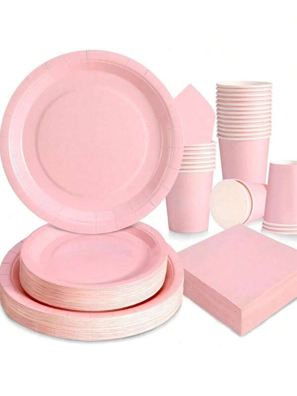 Light Pink Disposable Plates & Napkins, Light Pink Plates And Napkins Party Supplies, Fits 24 Guests, Disposable Paper Plates Party Tableware Suitable For Birthday, Wedding, Party, Family Picnic