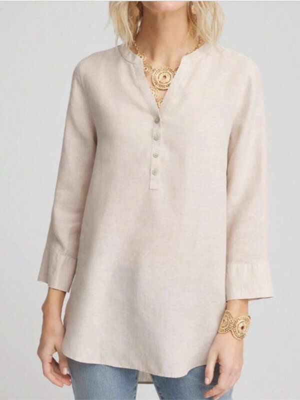 Camisa de Linho Solta e Minimalista de Cor Sólida Casual Feminina, Outono