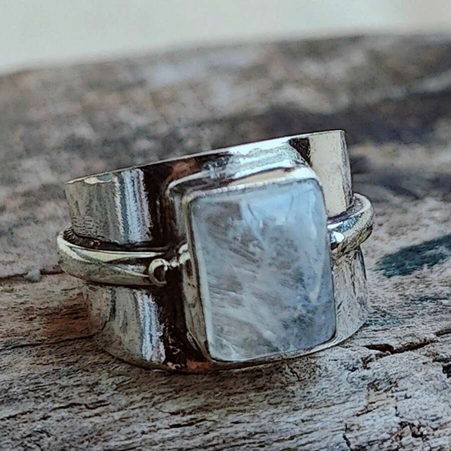 Unique Moonstone Silvery Ring, Women's Vintage Bohemian, Broadband Ring, Statement Ring, Everyday Vacation Jewelry, Birthday Gifts For Her - 8 - Xem 1