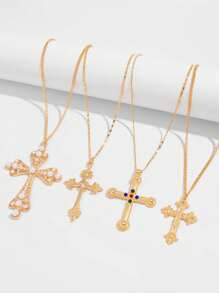 4pcs Set Summer Women's Fashion Exaggerated Multi-Layer Pearl Necklace, Personalized Hiphop Cross Pendant Necklace, Suitable For Daily Wear, Party, Holiday Gift