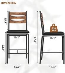 Juego de 2/4 taburetes de bar de madera, tapizados en piel sintética con respaldo, reposapiés y cojín grueso, altura de mostrador para isla de cocina o apartamento. - Marrón-2 piezas - Ver 3