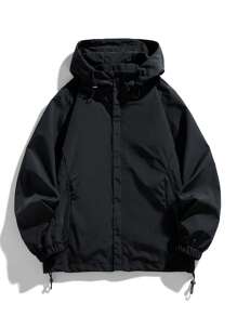 Women's Black Woven Hooded Jacket With Drawstring And Zipper Pockets, Long Sleeve, Regular Length, Casual Outerwear With No Stretch