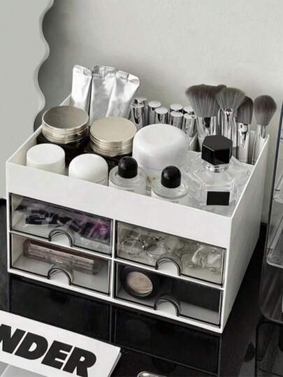 1 Pieza Caja de almacenamiento de maquillaje, organizador de escritorio con cajón, estuche de exhibición de cosméticos de gran capacidad con múltiples compartimentos, soporte para pinceles de maquillaje, adecuado para guardar lápiz labial, joyas, manicura, productos de cuidado de la piel, organizador de tocador de baño