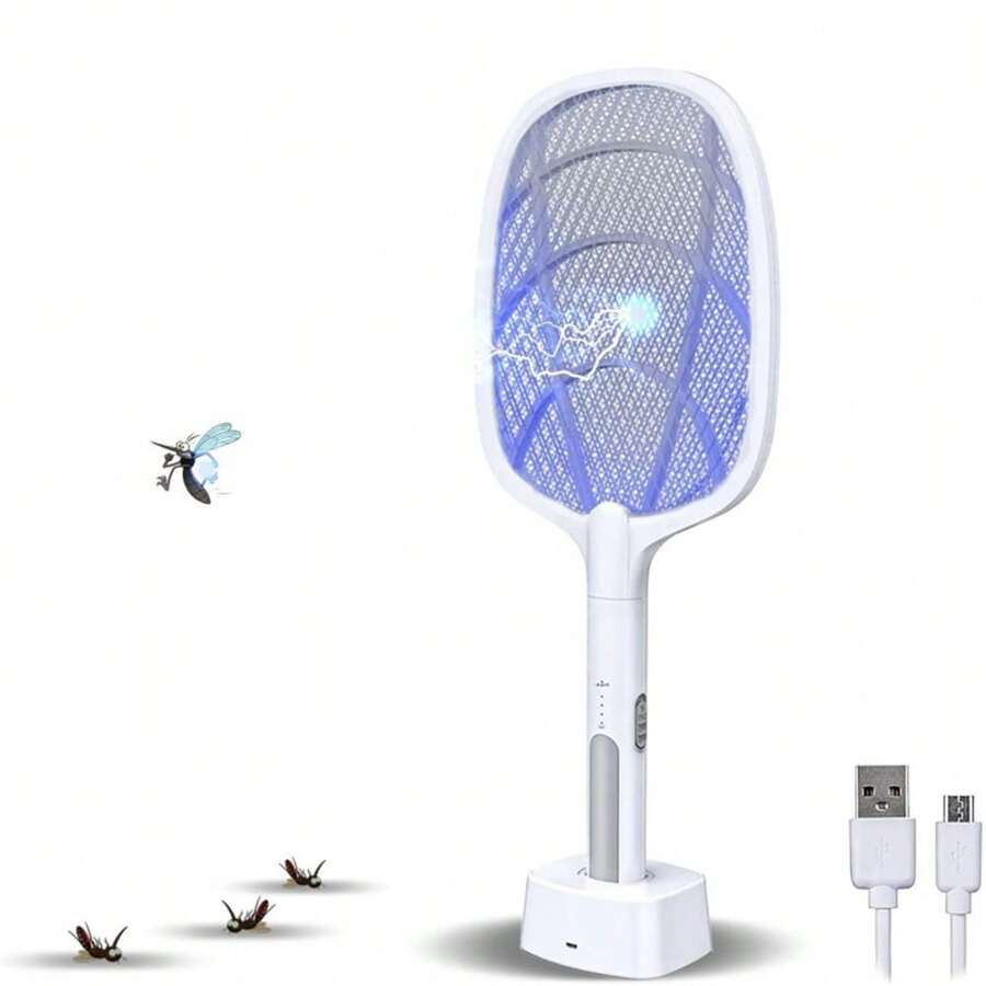 1pc Electric Fly Swatter Foldable Bug Zapper Racket 2in 1 Mosquito Killer With Purple Attractant Light Rechargeable 1800mAh For Indoor Home Backyard Patio Camping - White - View 1
