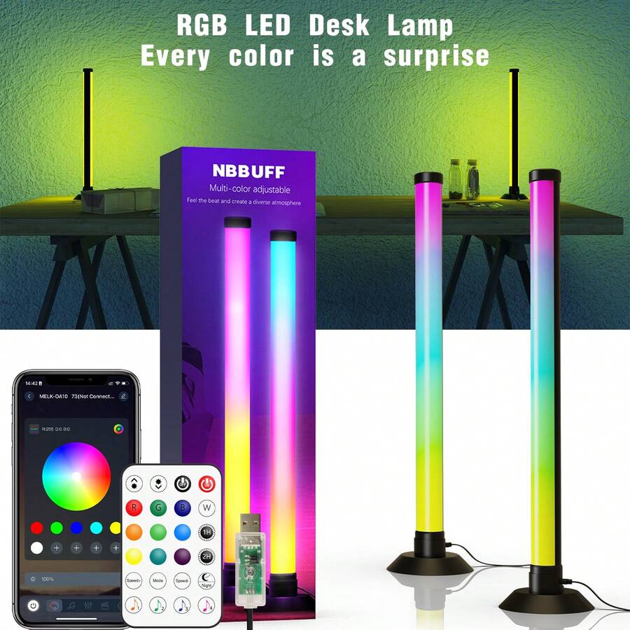 NBBUFF Thanh đèn RGB 2 chiếc cho máy tính, đồng bộ nhạc thông minh, đèn LED RGB IC có ứng dụng và điều khiển từ xa, đèn chiếu sáng xung quanh dùng nguồn USB, đèn nền TV chơi game đổi màu, cho màn hình máy tính để bàn