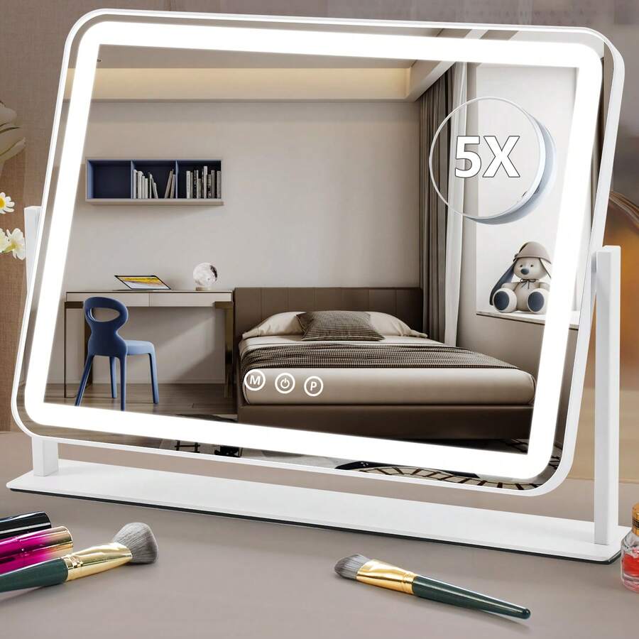 Lighted Vanity Mirror With 3 Color Lighting Modes & Dimmable LED-5X, USB-Powered Makeup Mirror For Skincare, Grooming - White - trắng - Xem 1