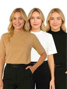 Kit 3 T Shirt High Neck Oversize Sleeve Women's High Neck Blouse Short Sleeve Plain Basic T-Shirt Black White Nude - 米色 - 查看 1