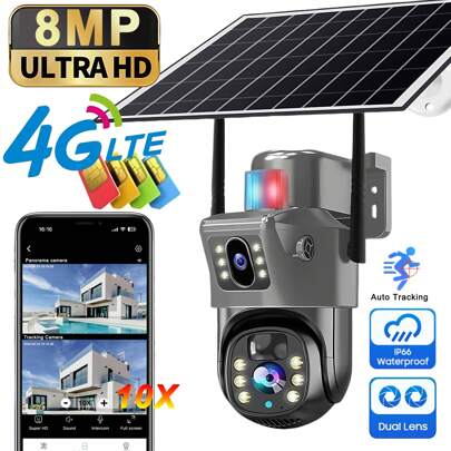 SWVW V380 Pro 10x Zoom 4K Solar Camera 4G SIM Card Dual Lens 8MP High-Definition Night Vision Network Closed-Circuit Television Monitoring Gimbal PIR Human Detection Alarm Waterproof Built-In Battery Camera,4G Outdoor And Indoor Security Home Cameras, Wireless 4G Cameras, IP Cameras, PTZ Cameras, None Surveillance Cameras
