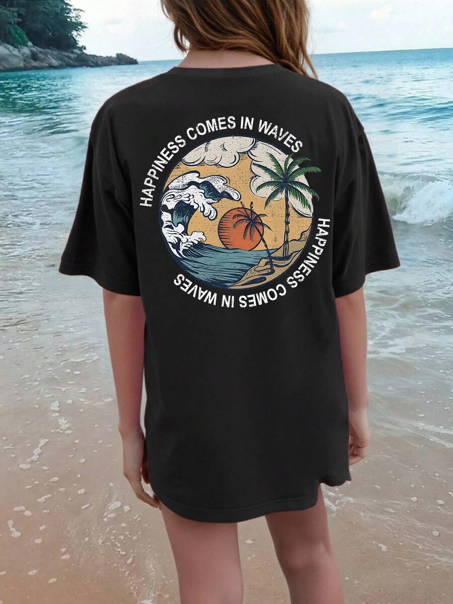 Plus-Size Letter-Printed Round Neck Casual Multi-Functional Short-Sleeved T-Shirt - Black - View 1