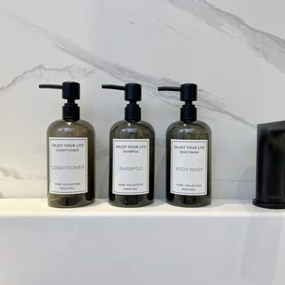 3pcs/Set 500ml/16oz Black Opaque Shoulder Cream Lotion Refillable Pump Bottles, Suitable For Shower Gel, Shampoo, Conditioner, Bathroom Use