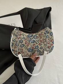 Fashion Floral Patchwork Pattern Shoulder Bag, Versatile Baguette Bag, Metal Chain Mini Bag, Underarm Bag - Blue - View 2