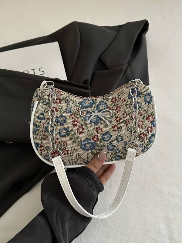 Bolsa de Ombro com Estampa de Retalhos Florais da Moda, Bolsa Baguete Versátil, Mini Bolsa com Corrente de Metal, Bolsa de Axila