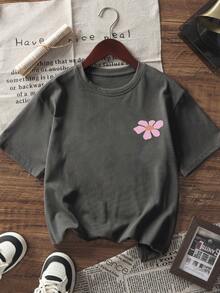 1 chiếc áo thun ngắn tay màu xám đậm in họa tiết hoa cho bé gái tuổi teen, trang phục học sinh và trẻ em, áo mùa hè thoải mái và thời trang mà các bé gái yêu thích. - Màu xám đen - Xem 4