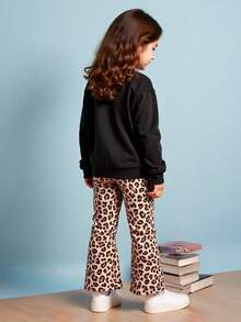 Sudadera de cuello redondo de manga larga con estampado de mariposas + Pantalones acampanados con estampado de leopardo de moda, adecuados para primavera/otoño - Negro - Ver 2