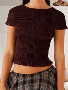 Women Crop T-Shirts Casual Summer Solid Color Ruffle Hem Smocked Basic Short Sleeve Tops For Streetwear - 棕色 - 查看 1