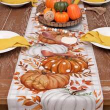 1pc Autumn Pumpkin And Leaf Patterns Table Runner, Fall Themed Linen Table Cloth, Ideal For Home Kitchen Decor, Farmhouse Home Decoration Fall Decor Halloween Autumn Decor