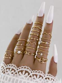 20/22pcs Heart Shaped Fashionable Rings, Minimalist Rhinestone Inlay Bohemian Geometric Ring Set Valentines,Mom,Mother,Mother's Day,Gift - Gold - View 5