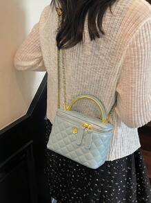 1 pieza Bolso tipo caja con diseño minimalista y patrón romboidal de BEIKAMU, nueva y elegante bolsa de maquillaje y monedero con cadena para el hombro y cruzada