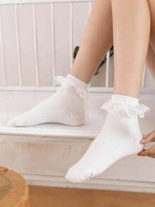 1 par de calcetines versátiles de media pantorrilla con encaje y pentágrama para mujer, color blanco, para todas las estaciones