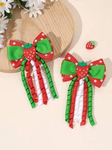 2pcs Girls Sweet Cute Strawberry Hair Bow Clips With Tassel For Daily Wear