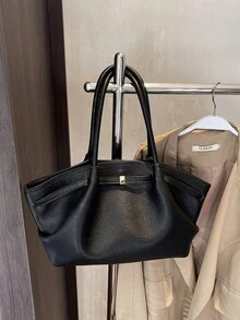 1 件女士纯色 PU 单肩包，复古时尚大容量手提包，双手柄和按扣开合，适合旅行、购物、约会、送给少女、大学生、办公室女士、通勤、户外的礼物 - 黑色 - 查看 6