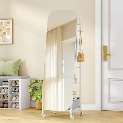 HEXCELEN Miroir sur Pied Pleine, Miroir sur Pied avec Porte-Manteau, roulettes pivotantes à 360°, avec boîte de Rangement et Crochets, 42,2 x 50 x 165,8 cm, Blanc