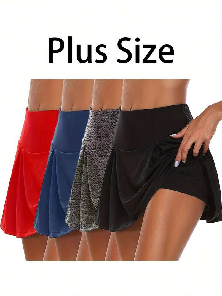Plus Size 4pcs Set Of Women'S Flowing Running Shorts, Gym Yoga Exercise, Tennis Skirt, Sports Short Skirt, Cute And Fashionable Clothing, Summer - Mixed Color - 查看 6