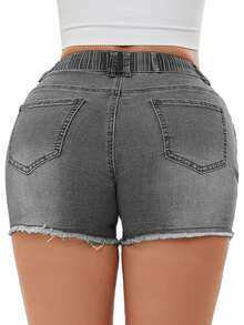 Women's Pocket Distressed Elastic Waist Drawstring Denim Shorts - Light Grey - View 2