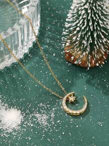 1pc 18K Gold Plated Stainless Steel Chain With Cubic Zirconia Star & Moon Pendant, Minimalist, Fashionable, Suitable For Men & Women, Casual, Street, Christmas, Halloween, Dating, And Daily Wear