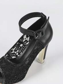 Sexy Party - Black High Heel Mesh Sandals, Chunky Heel Waterproof Platform, Wide Buckle Strap Open Toe Women Sandals - 黑色 - 查看 8