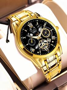 Relógio masculino de escala romana, modelo fashion, 1 peça | Pulseira de aço inoxidável e movimento de quartzo com calendário, relógio masculino de disco grande | Adequado para presentes de aniversário, presentes de formatura, presentes de Halloween