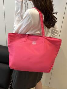 1 件时尚纯色简约大容量单肩手提包 - 玫紅色 - 查看 5