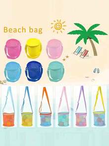 1 件圆柱形网状手提贝壳包，大容量沙滩玩具收纳袋，可调节背带和拉链夏季沙滩包，适合男孩女孩，款式随机 - 彩色 - 查看 10