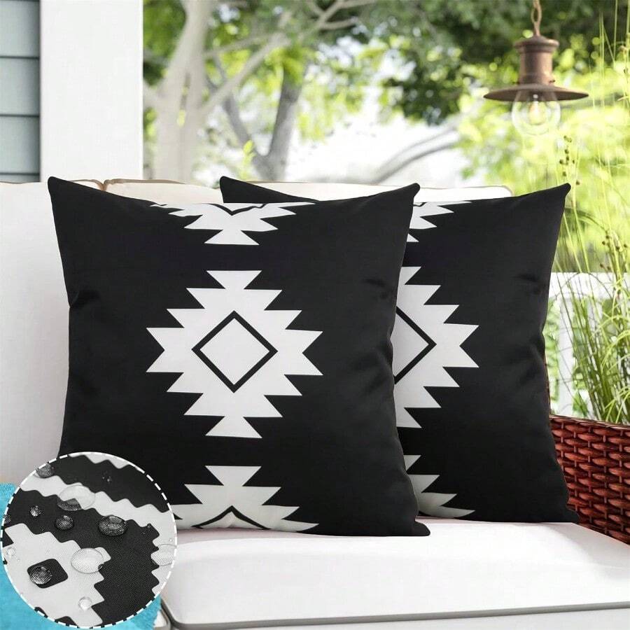 Outdoor Waterproof Throw Pillow Covers Black And White Outdoor Pillows Cover Boho Geometric Pillow Cases For Patio Furniture 18x18 Inch Set Of 2 - BlackandWhite-a - View 1