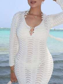 Melissa Matos Vestido Suéter de Playa con Mangas Acampanadas de Onda Calada de unicolor, Sexy