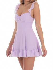 Women Mini Dress Solid Color/Floral Print Ruffles Straps A-Line Dress Summer Back Tie-Up Backless Dress - Purple - View 7