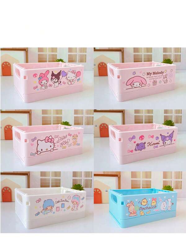 Sanrio 1 pieza Caja de almacenamiento plegable de escritorio Sanrio, caja organizadora de plástico para sala de estar para maquillaje, papelería, útiles escolares, de vuelta a la escuela